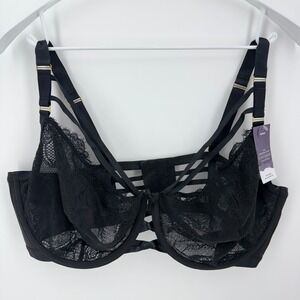Cacique 46DDD Black Unlined Balconette Lace Cage Bra Unlined Seriously Sexy NEW